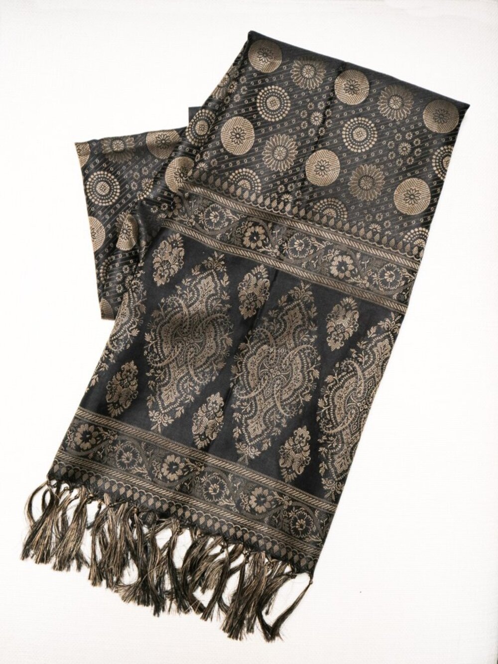 EARTH N SUN Black & Golden Dark Bohemian Silk Blend Scarf w/ Tassels